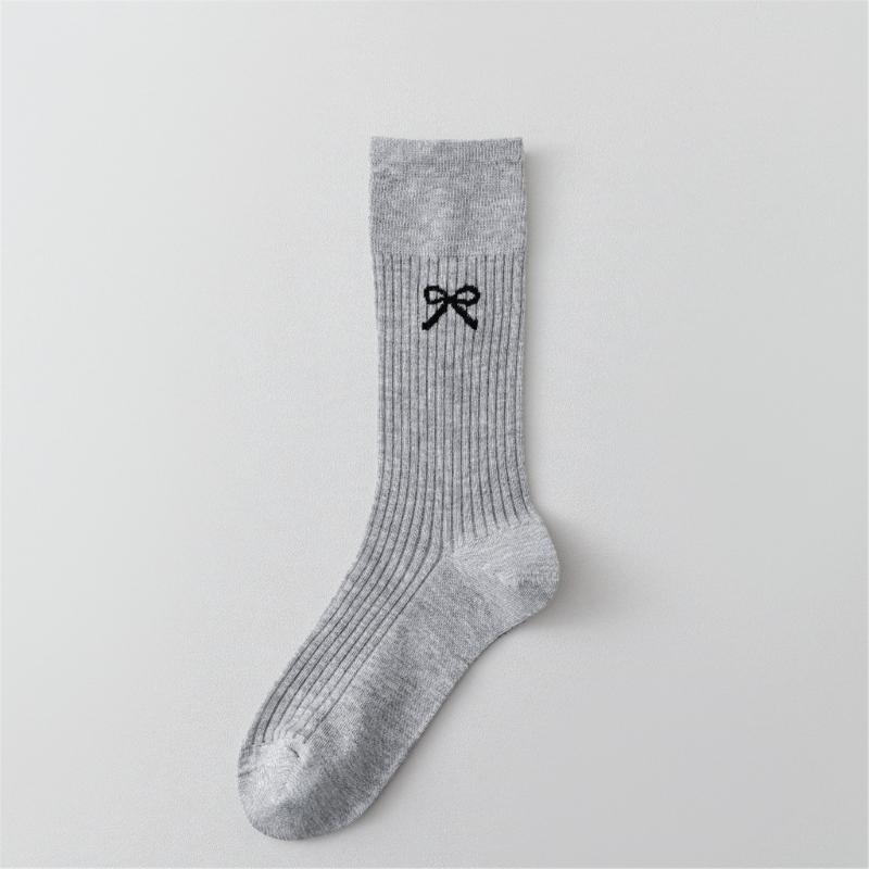 Cute Bowknot Pattern Long Calf Length Socks for Women and Girls Breathable Mesh Ribbed Student Cotton Stockings Hosiery
