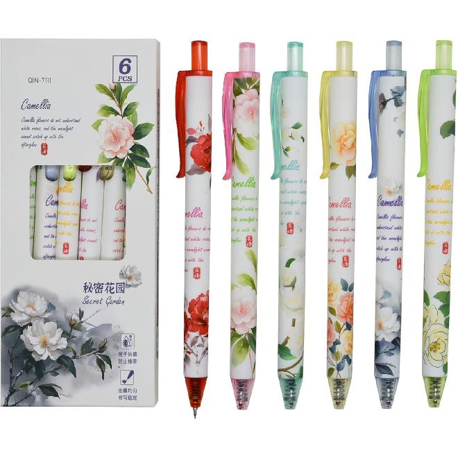 12 Pieces Camellia Flower Pens, Retractable Pen Floral Pen Secret Garden Party Theme Writing Pen, 0.5mm Fine Tip Click Pens for Women, Girls,