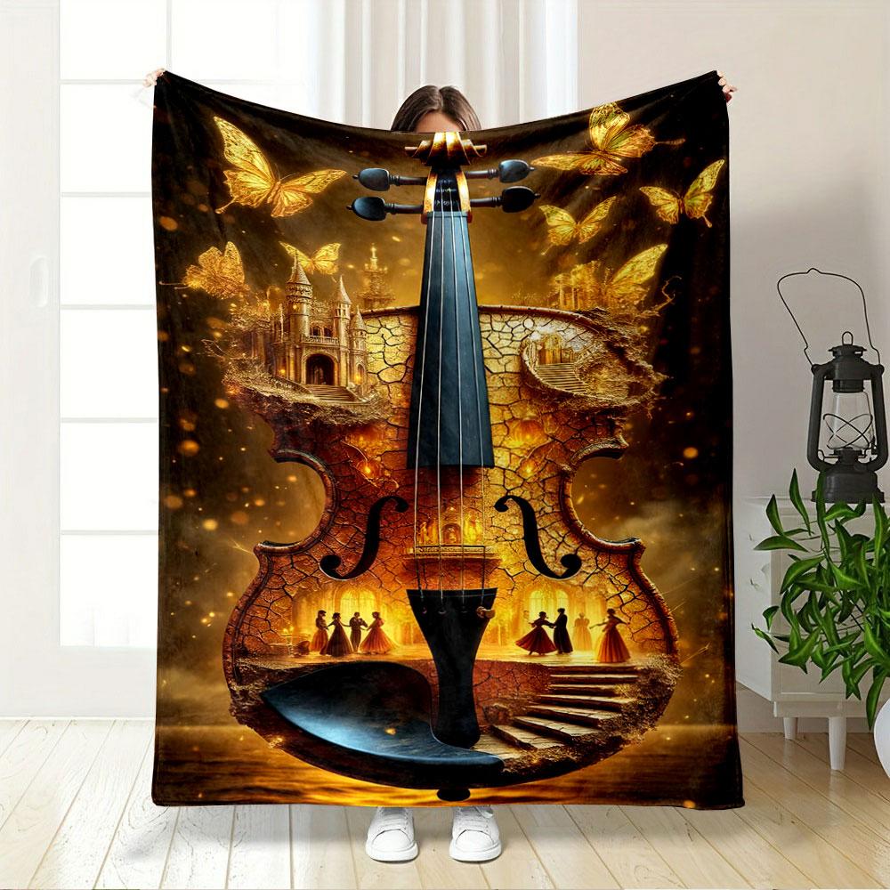 A Violin Blending Golden Castles, Butterflies, and Elegant Dancers' Motifs. for All Seasons Blanket Lunch Break Throw Gift