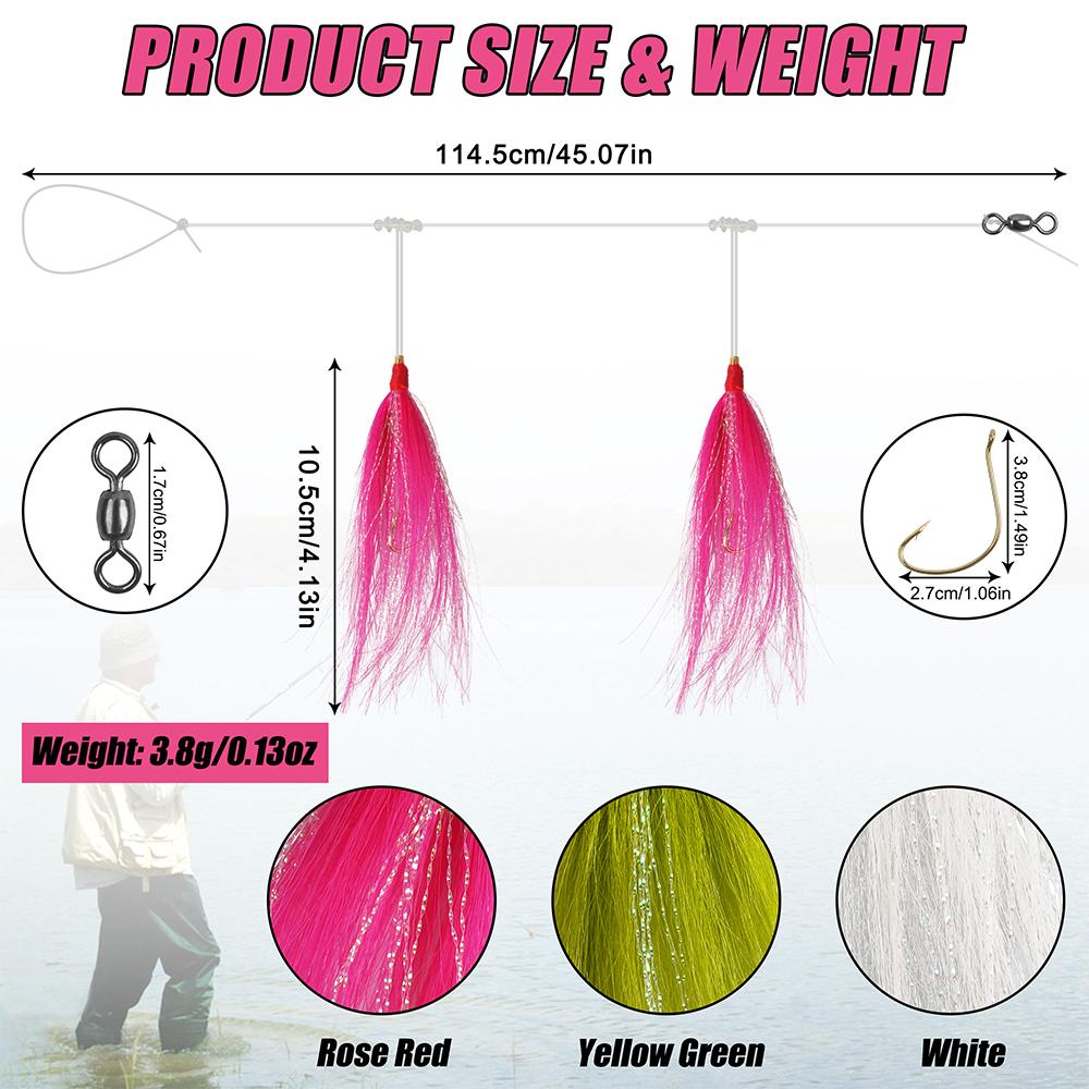 6Pcs Bucktail Teaser Fishing Lures Saltwater Rig Teaser Lure with 114cm/45in Leader Line Octopus Hooks and Barrel Swivel