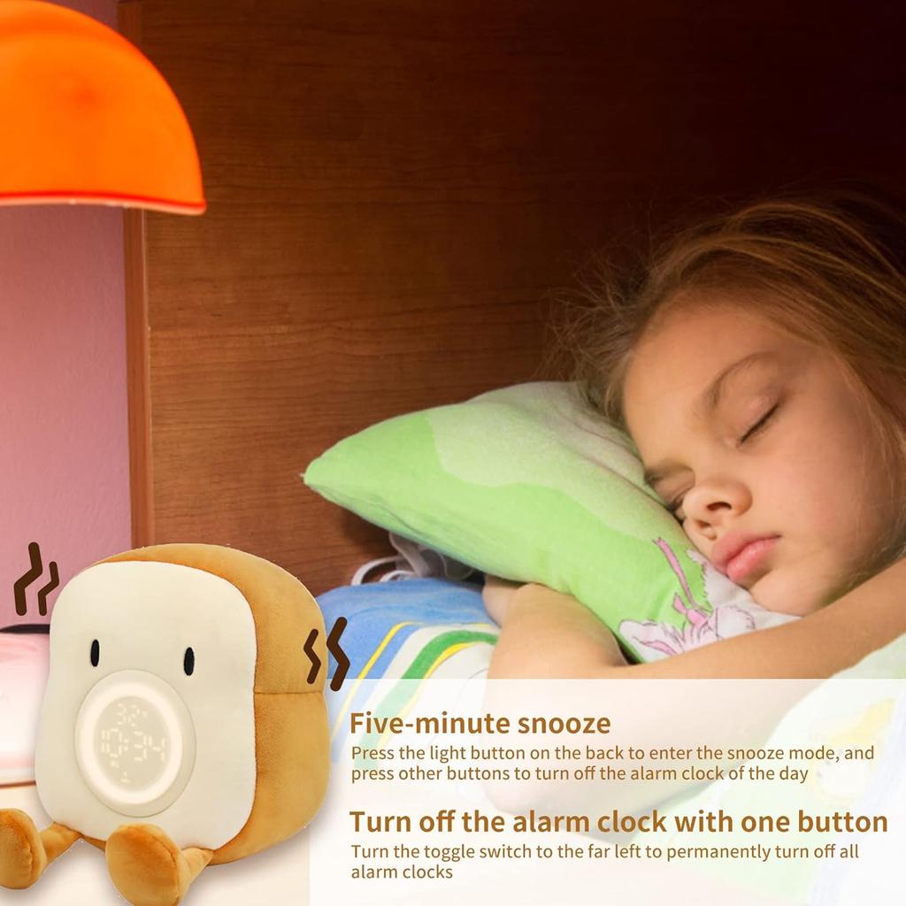 Children's Cute Digital Alarm Clock with Night Light Plush Toast Light Without Ticking for Children's Room,Bedroom, Snooze Function, USB Rechargeable