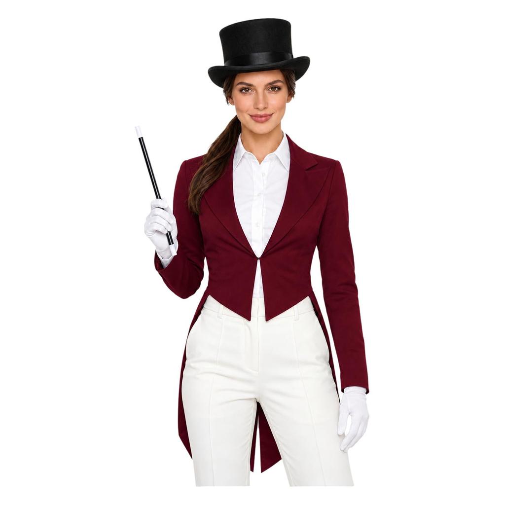 Women Cosplay Magician Tailcoat Jacket Long Sleeve Lapel V Neck Open Front with Hat Gloves Wand for Stage Magic Show