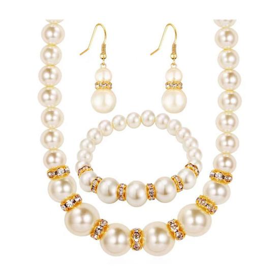 1 Set Faux Pearl Jewelry Women Beaded Necklace Bracelet And Earrings Elegant White