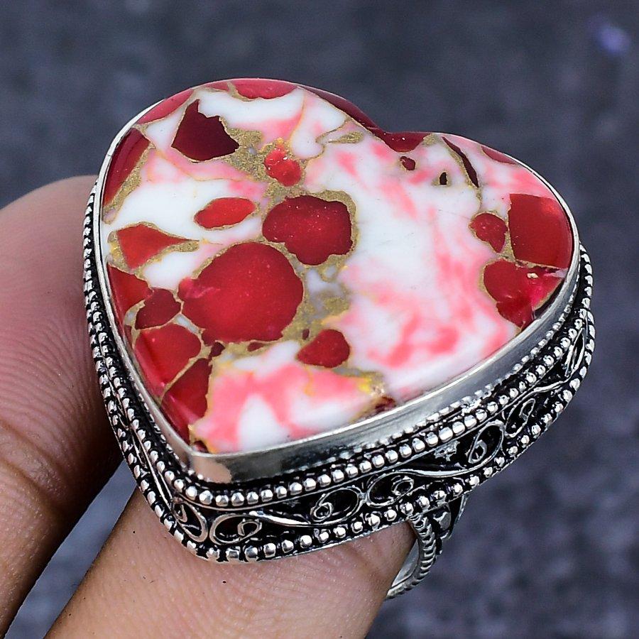 Natural Copper Red Coral Gemstone 925 Sterling Silver Jewelry Ring Size 8 ETC-13889