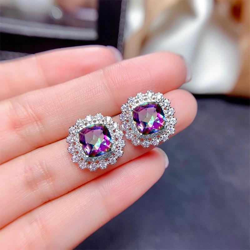 Silver Plated 4PCS Blue CZ Jewelry Set (Necklace+Earrings+Ring), Cushion Cut Halo Box Chain Set for Women