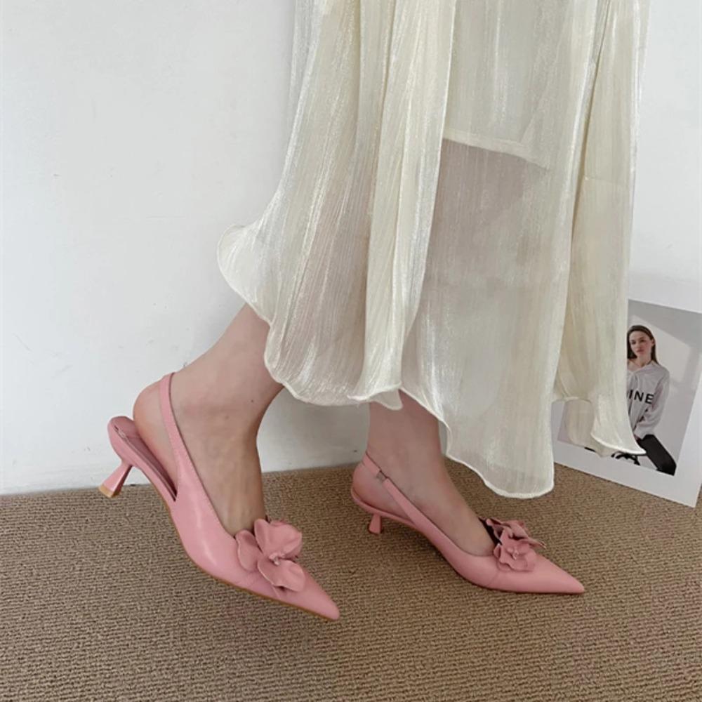 

Pink High Heels Sexy Pointed Toe Slingback Shoes Design Flower Low Heel Office Shoes White Pumps Chaussures Femme 40