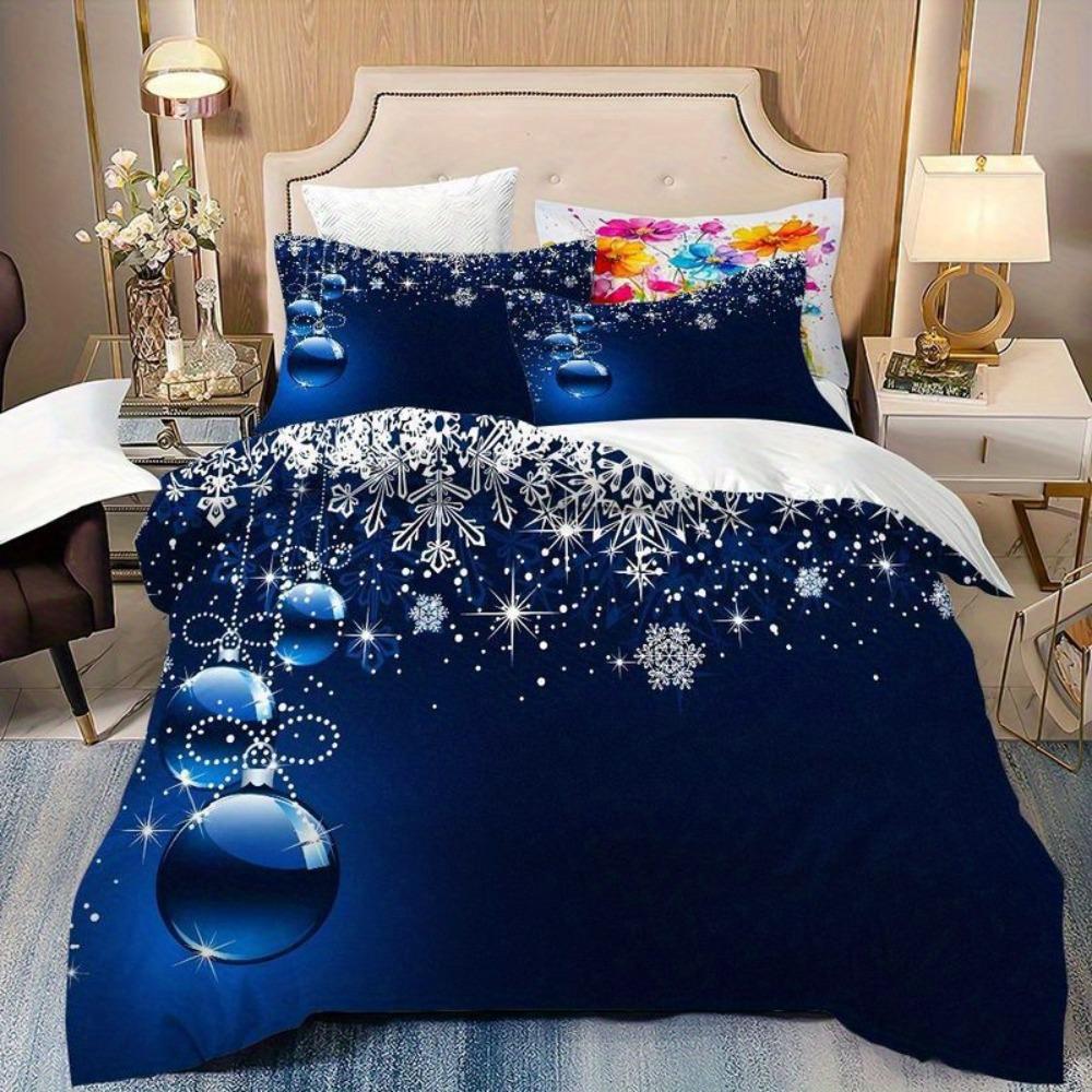 3pcs Blue Beding Set Snowflake Printed Cozy Soft Duvet Cover King Quen Twin Sized Dimensions Birthday Gift Christmas Gift Bedrom Decor