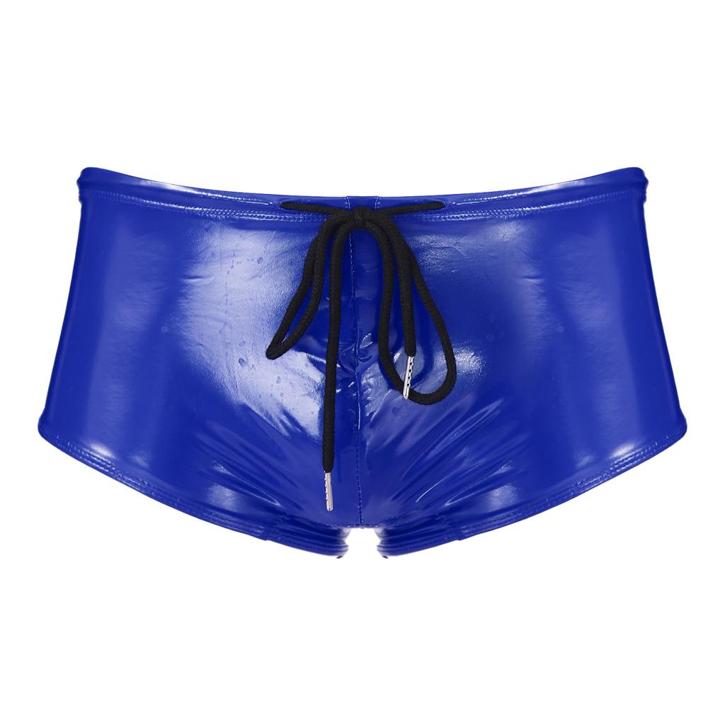 Mens Patent Leather Swim Trunks Wet Look Design Low Rise Boxer Shorts Drawstring Waist Party Clubwear
