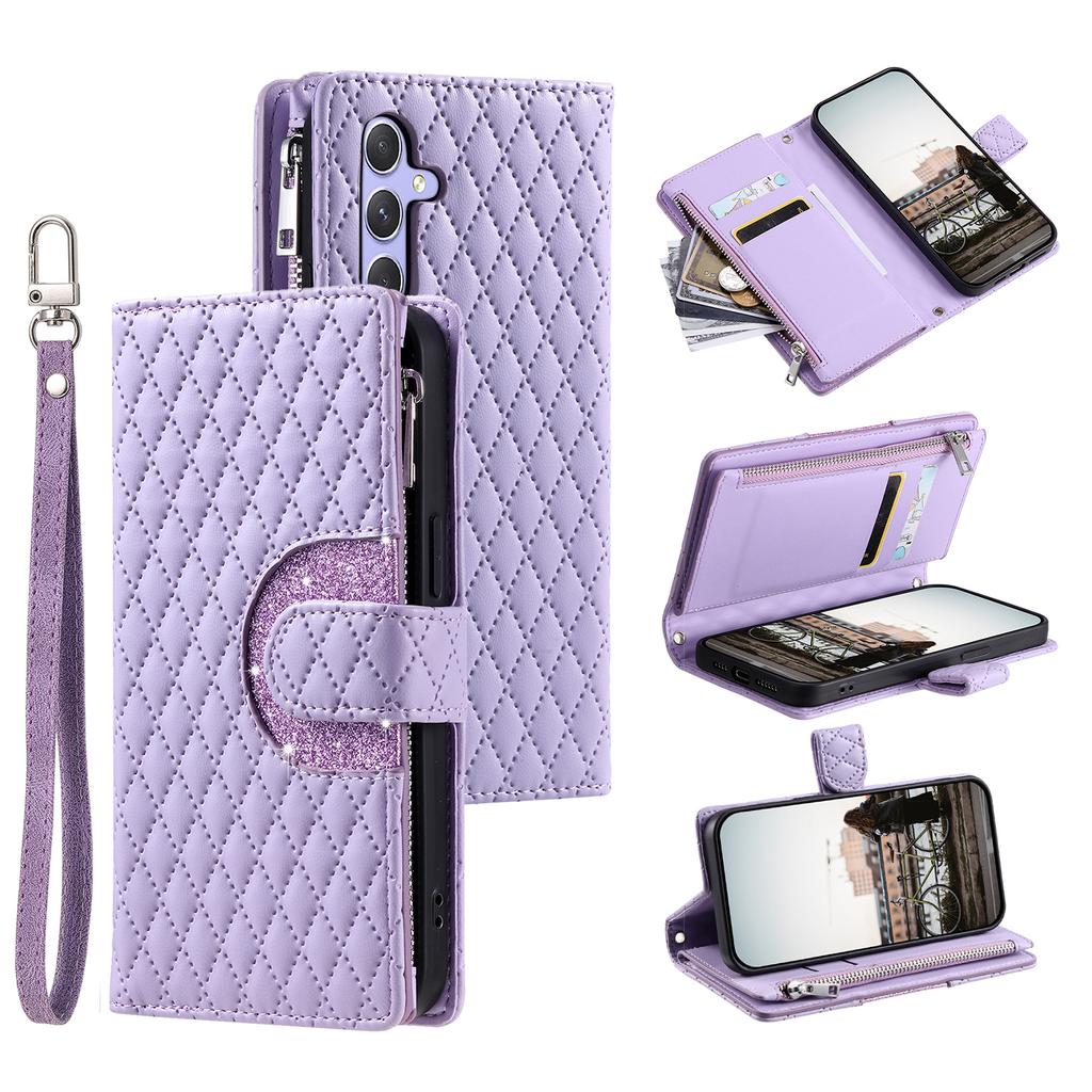 For Samsung Galaxy A37 5G Case Zipper Pocket Glitter Leather Phone Cover with Wrist Strap