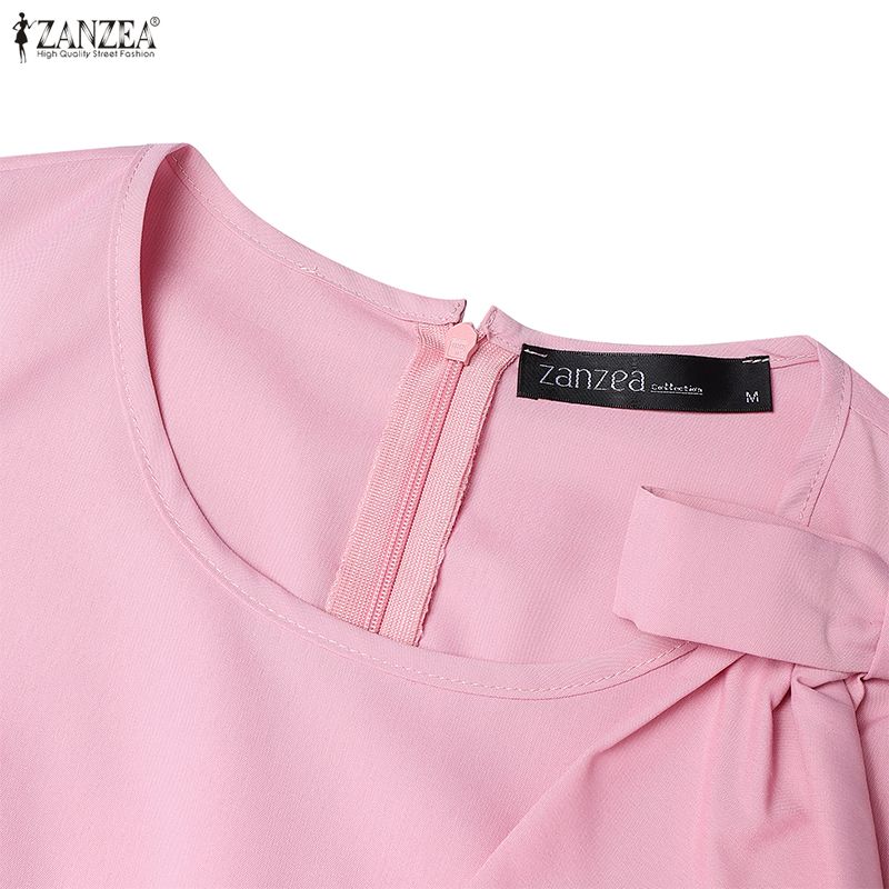 ZANZEA Women Casual Round Neck Bows Splice Half Sleeve Loose A-Line Dress
