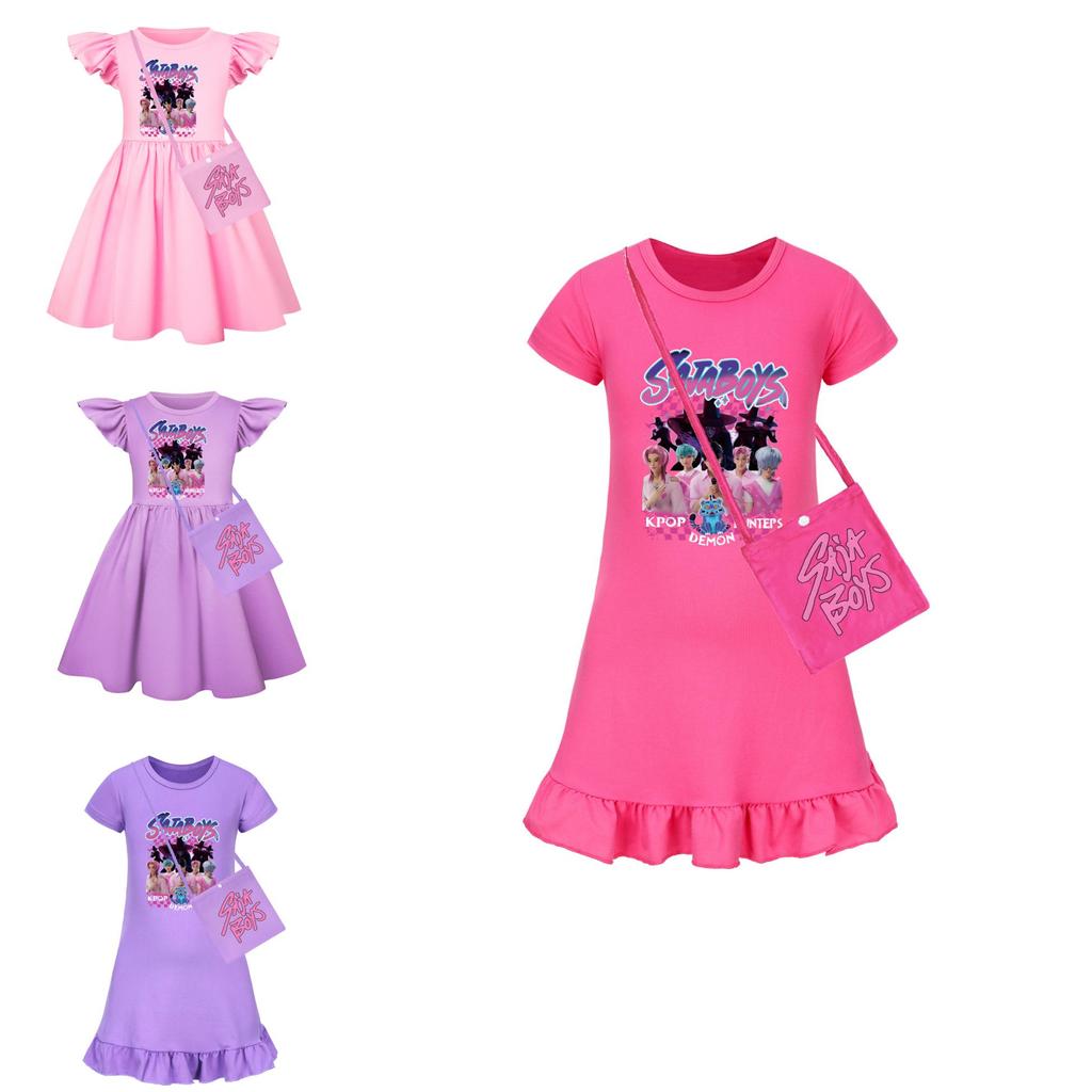 Kpop Demon Hunters Girl Short Sleeve Sleep Dress With Ruffle Hem For Kids Bedroom Wear