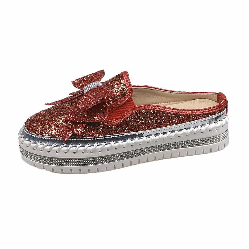 Large Size Casual Single Shoes Women's Spring New Flat Bottom Thick Bottom Round Head Bow Sequined Half Slippers Women