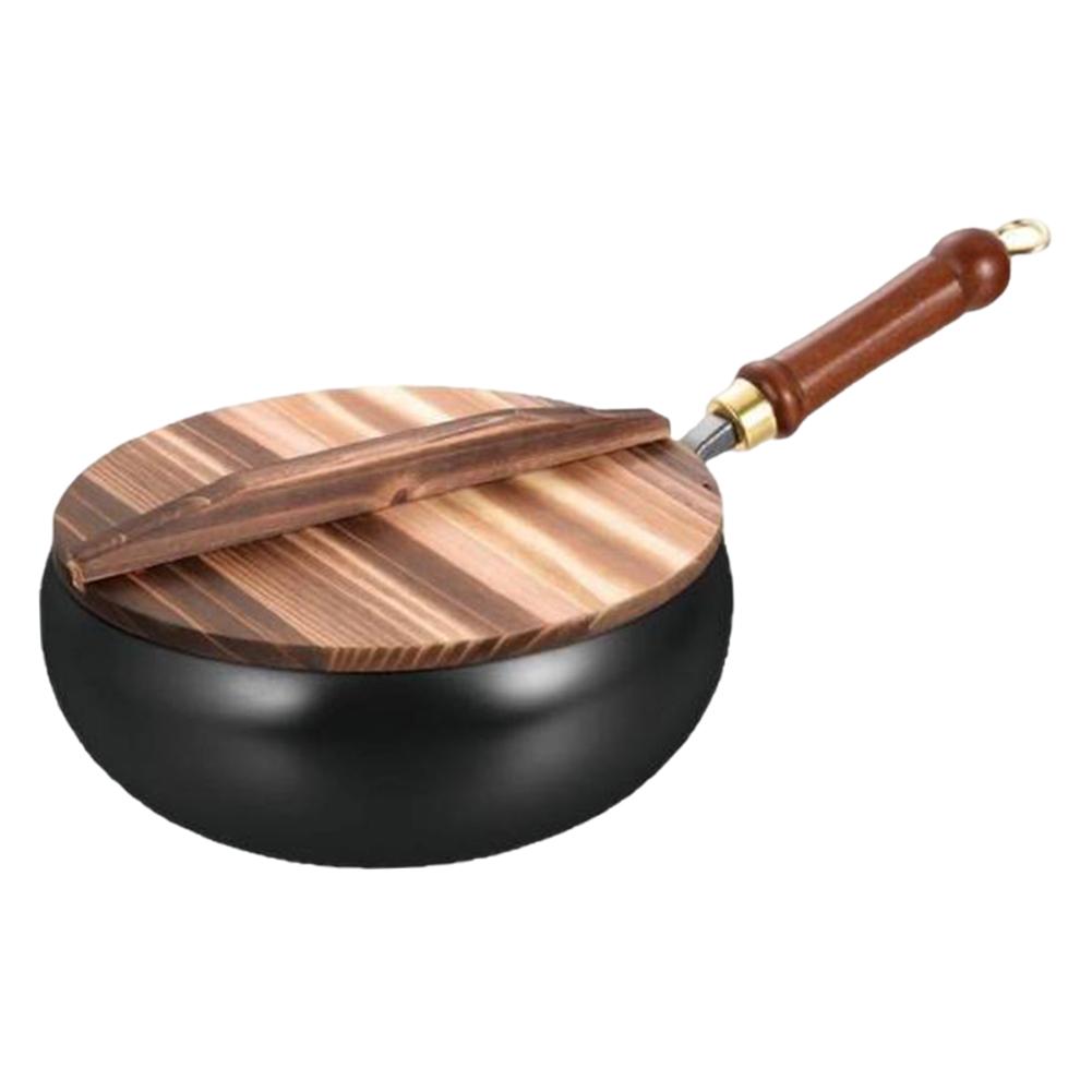 24CM Chinese Wok Wooden Handle Non-Stick Pan with Lid Iron Wok for Home Camping Restaurant Hotel Kitchen