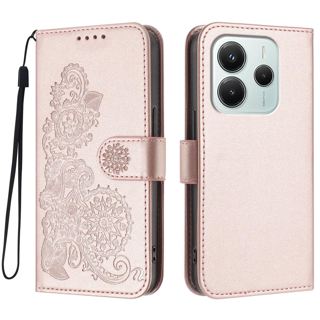 Für Xiaomi Redmi Note 14 4G (164,84 x 78,15 x 8,16 mm) Handyhüllen Mandala Blume Leder Geldbörse Handyhülle mit Trageriemen