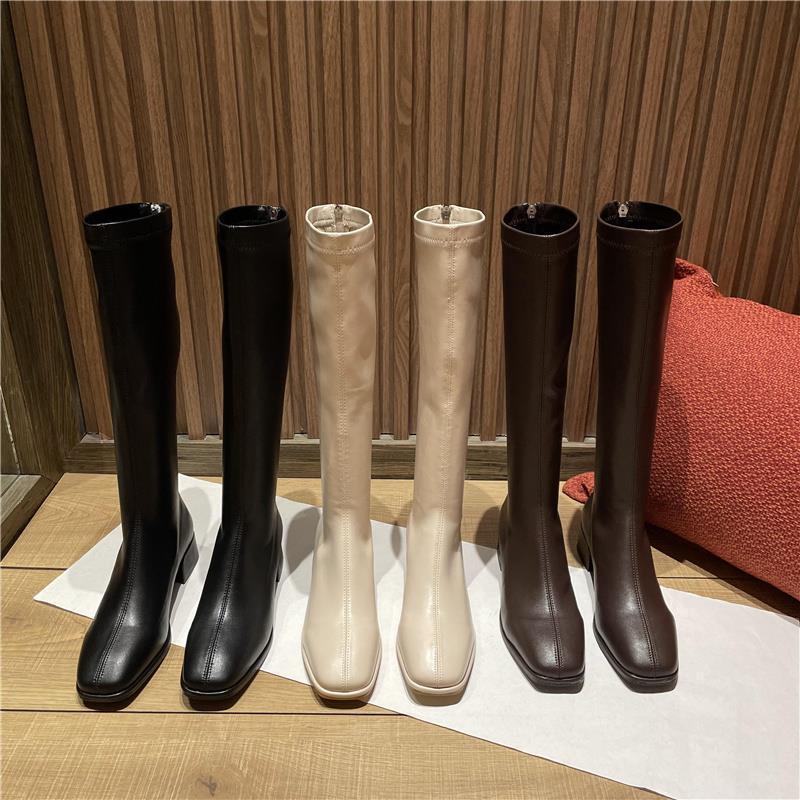 Square head long tube year knee single knight boots autumn shoes spring thick heel high boots women but