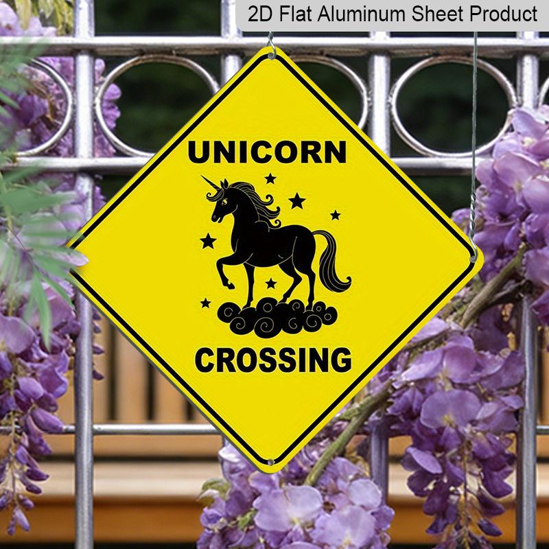 2D Flat - 1pc Whimsical Unicorn Crossing Caution Yellow Metal Tin Sign | Durable Indoor/Outdoor Wall Decor, Novelty Home or Garden Art, Unicorn Wall