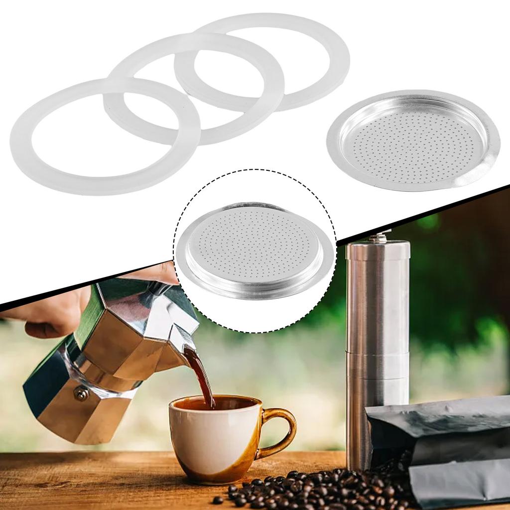 3 Silicone Seals And 1 Aluminum Filter For Espresso Pot Moka Pot Coffee Makers Accessories Silicone Rubber Ring Gaskets