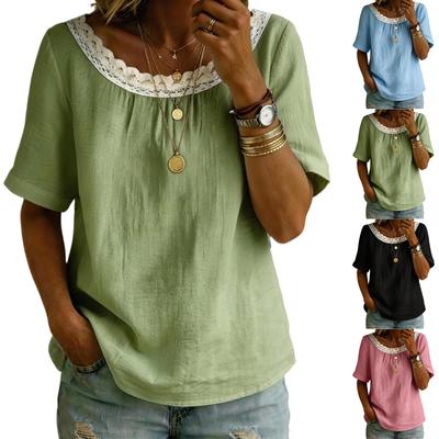 Womens Short Sleeve Loose Fit Blouse with Lace Trim Scoop Neck Casual Solid Pullover Top for Summer Daily Wear