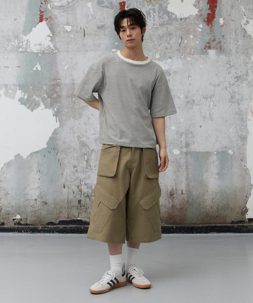 AGOD Back Incision Stripe Half T-Shirt [Ivory]