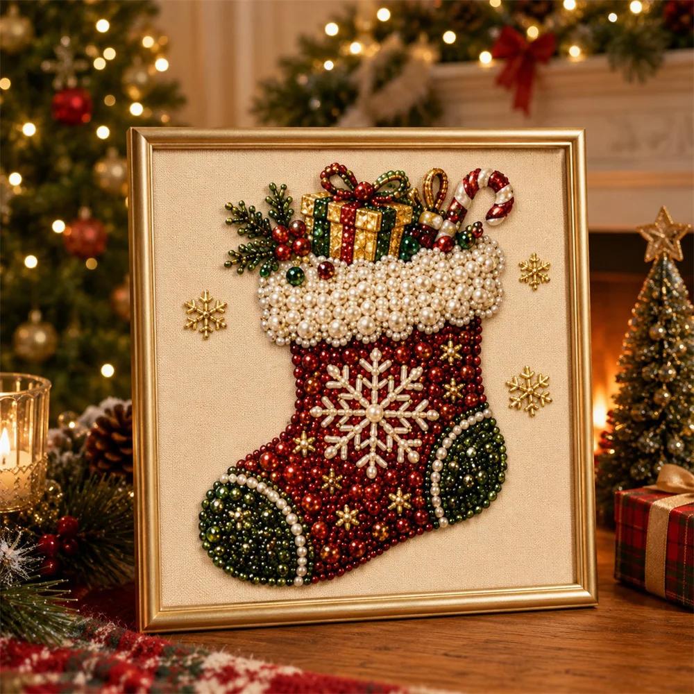 Christmas Pearl Diamond Painting Art Kit with Frame for Beginners and Adults, DIY Pearl Beads Craft Set for Home Wall Decor and Party Gift