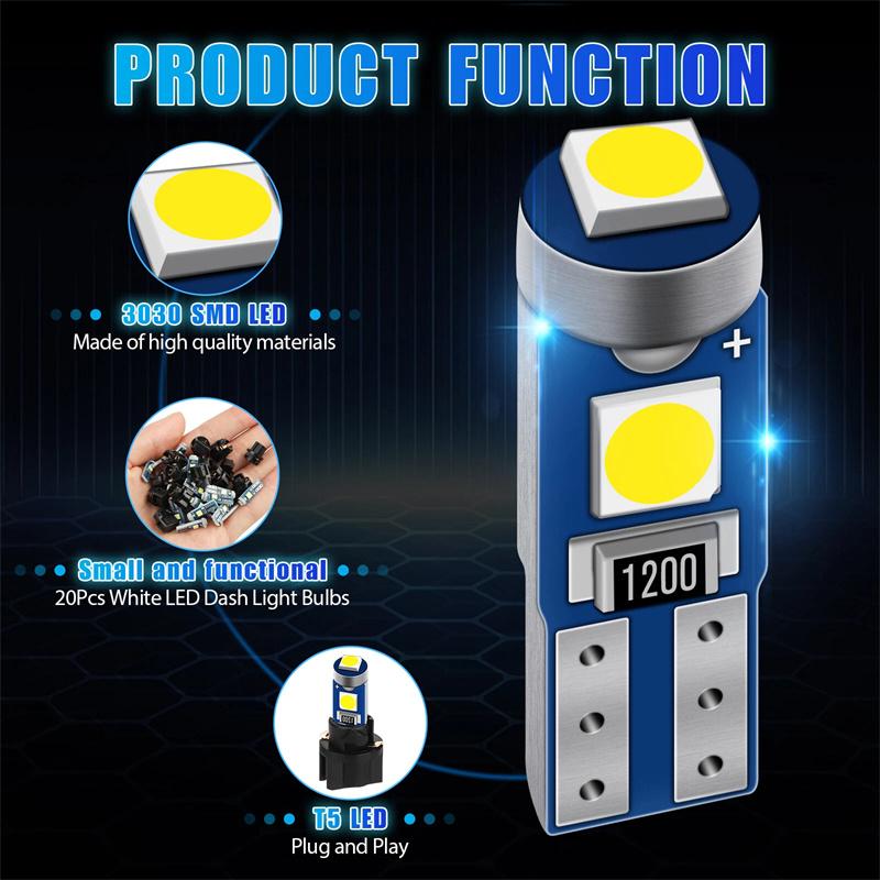 20Pcs 12V Canbus T5 58 74 286 W1.2W 3030 Led 3Smd Wedge Led Light Car Dashboard Instrument Panel Lamp Bulb