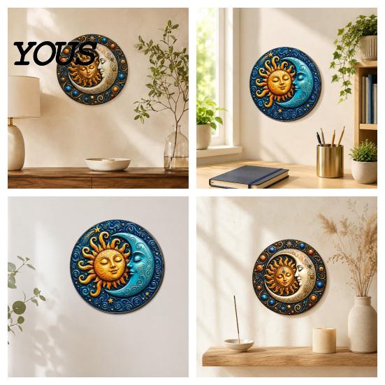 Modern Boho Wall Ornament Sun And Moon Art, 8Inch Round Metal Sign, Vintage Hanging Decoration for Home Living Room Bedroom Entrance Decor Retro Art