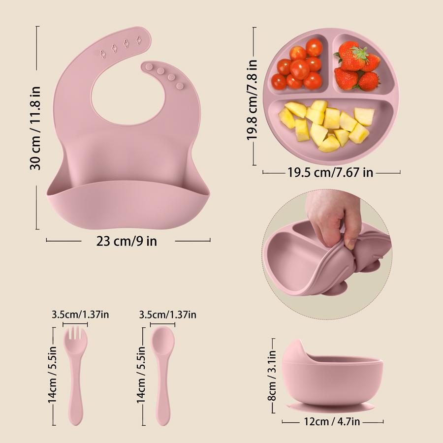 5-piece Baby Silicone Feeding Set, Round Dinner Plate Suction Cup Bowl, Children's Waterproof Bib, Children's Tableware Straw Cup