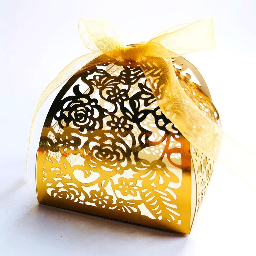 10Pcs Roses Flower Laser Cut Hollow Favors Boxes Gold White Gifts Candy Boxes with Ribbon for Wedding Baby Shower Party Supplies