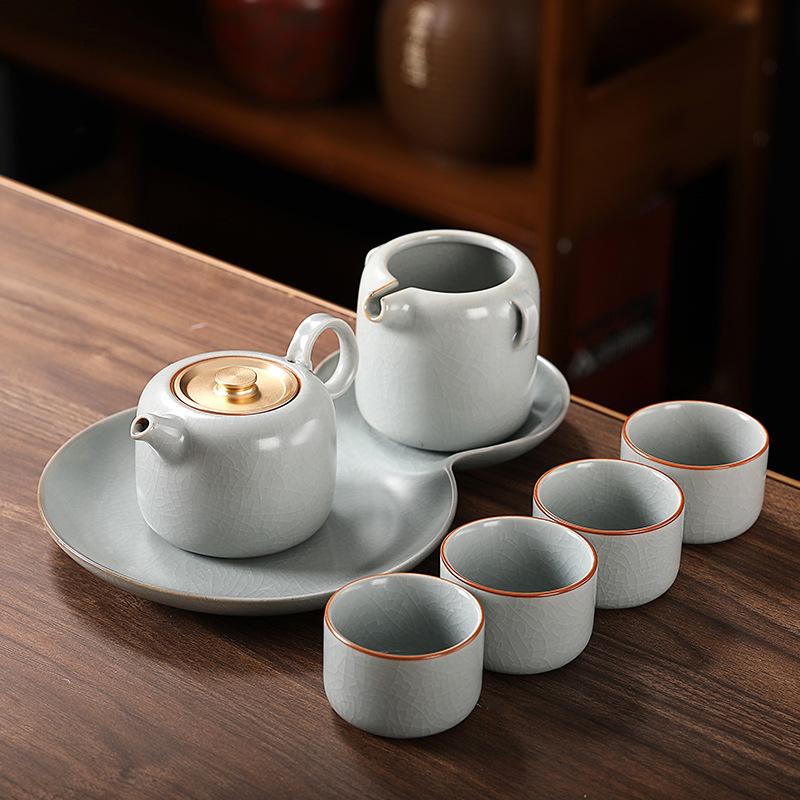 Ceramic Ru kiln kung fu tea set set, bank company holiday cultural and creative gift, can be made into Ru kiln tea sets