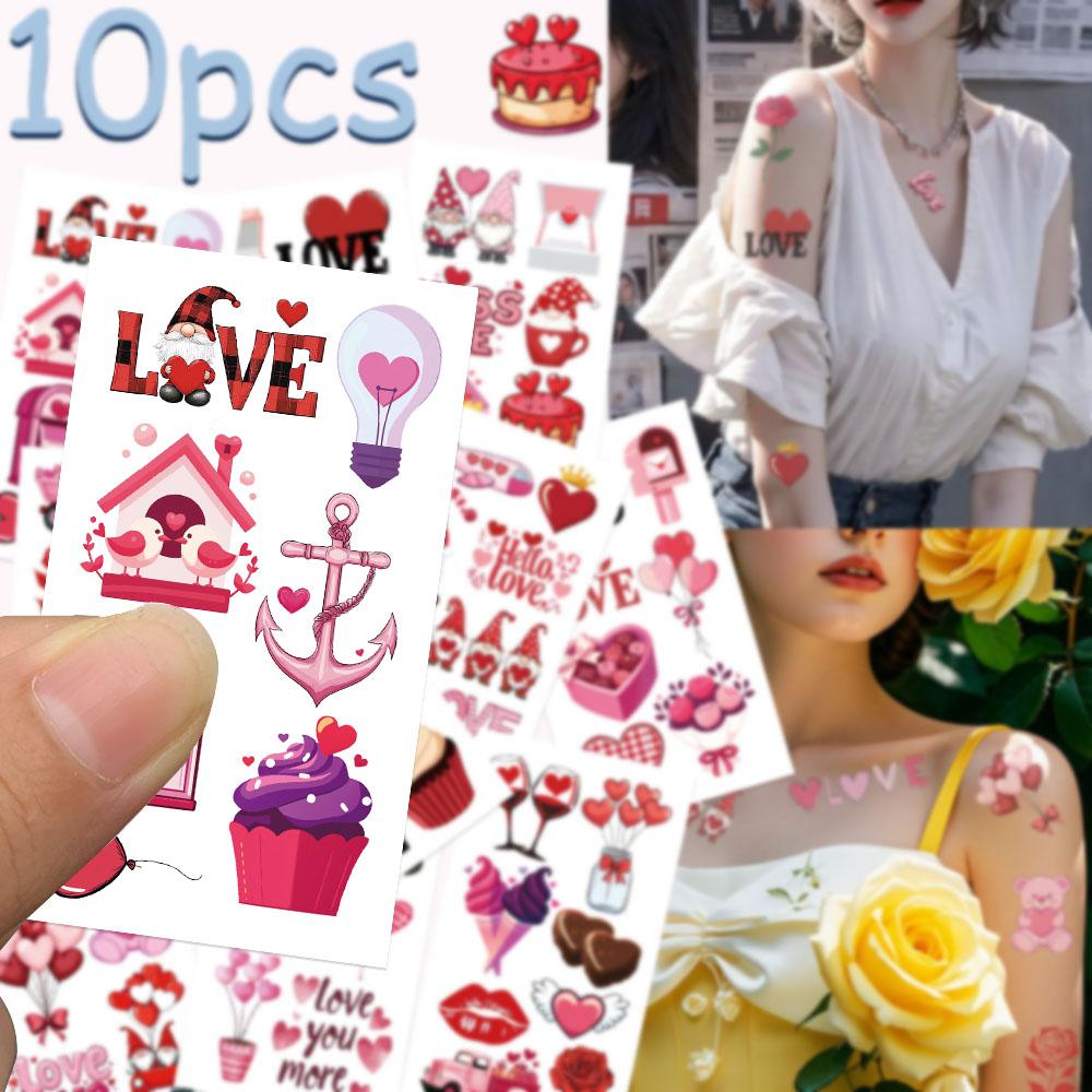 10 Blätter Rosa Valentinstag Tattoo-Aufkleber für Gesicht, Arm und Körper, temporäre wasserdichte dekorative Tattoo-Aufkleber, kreative Geschenke