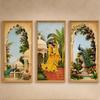 Livin'luxe Set of 3 Mughal Garden Peacock Lady Wall Paintings with Sparkle Laminate, Premium Wooden Synthetic Frame, Royal Palace Floral Art