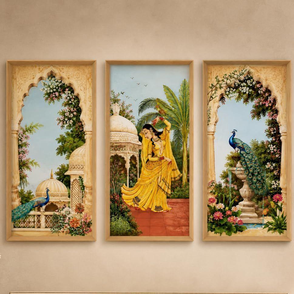 Livin'luxe Set of 3 Mughal Garden Peacock Lady Wall Paintings with Sparkle Laminate, Premium Wooden Synthetic Frame, Royal Palace Floral Art