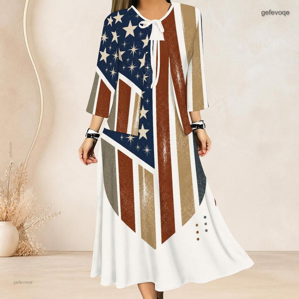 Women Plus Size Two Piece Dress Set Three Quarter Sleeve Eagle Star Striped Printed Long Dress