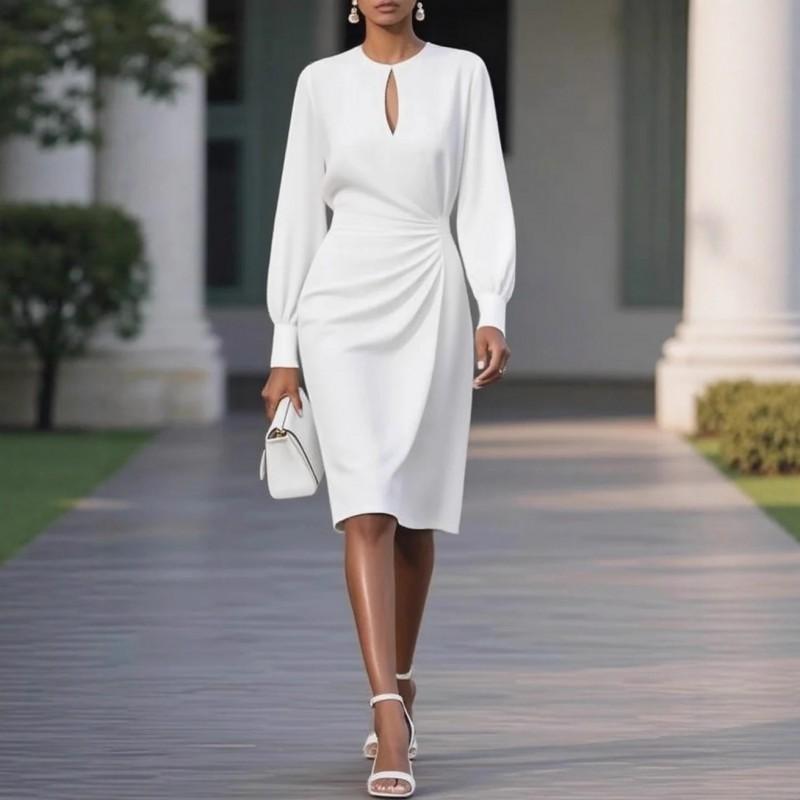 Elegant Solid Color Knit Dress With Ruched Waist Round Neck Cutout Detail Women