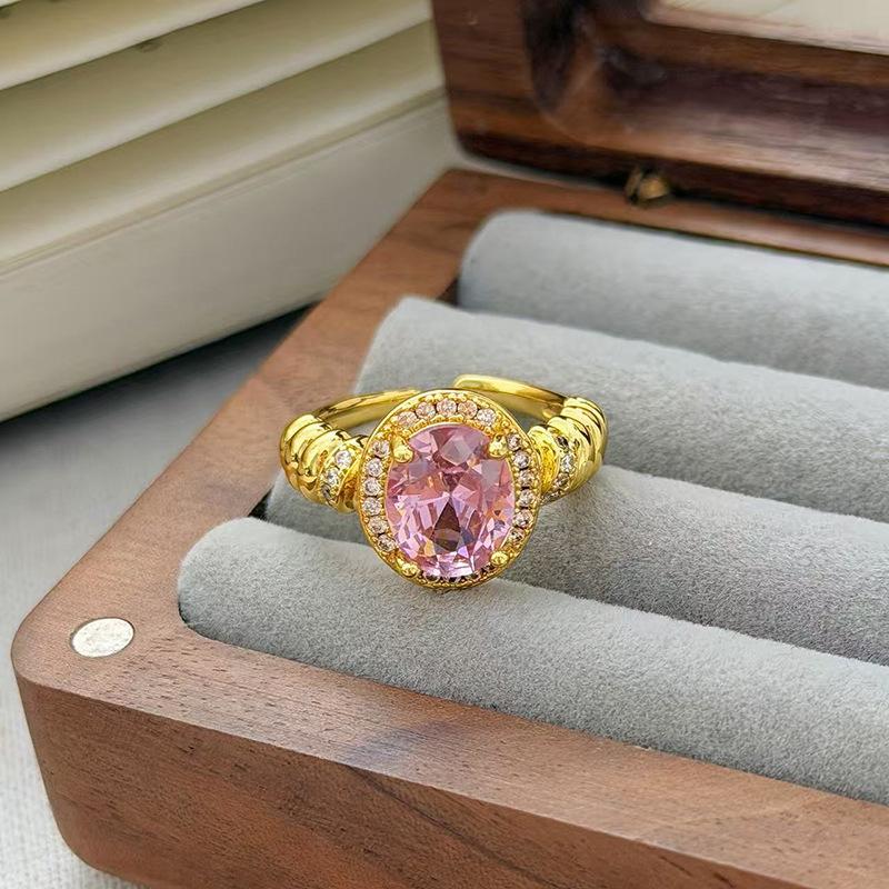 Medieval Vintage Pink Zircon Colored Treasure Open Ring Niche Light Luxury High Sense Stacked With Diamond Rings Woman
