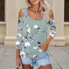 Women's Casual Shirt Blouse Print V-neck Sexy Cold Shoulder 3/4 Sleeve Top