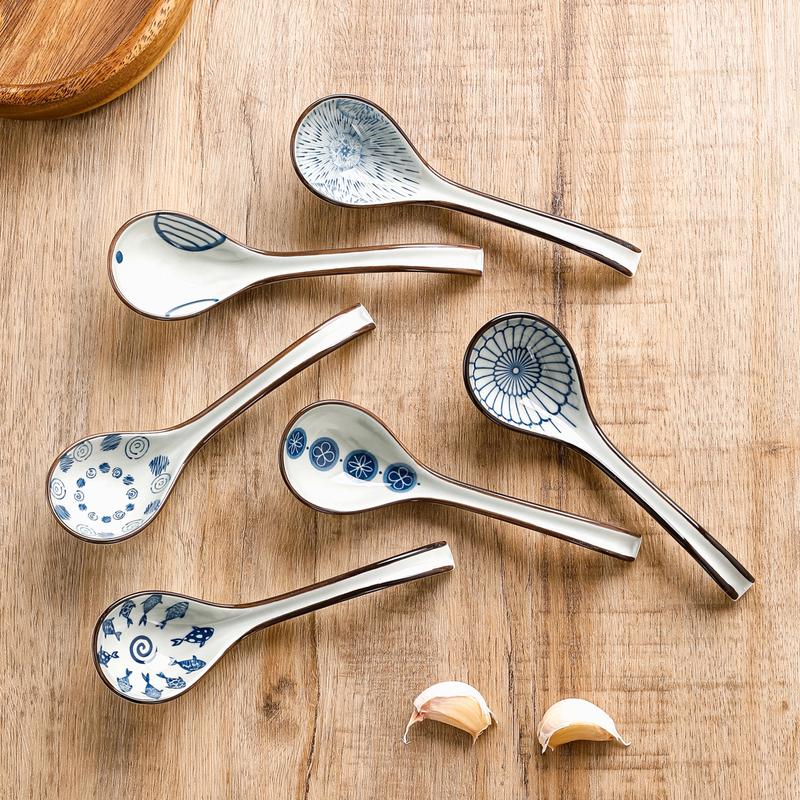 6Pcs Soup Spoon Ceramic Household Kitchen Environmental Protection Cutlery Set Retro Printing Design Ceramic Soup Spoon Set