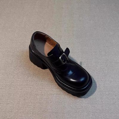 Cowhide Version~ Retro Round Head Thick Sole Heightening Versatile Small Leather Shoes for Women's British Light Mouth Thick Heel High Heel Mary