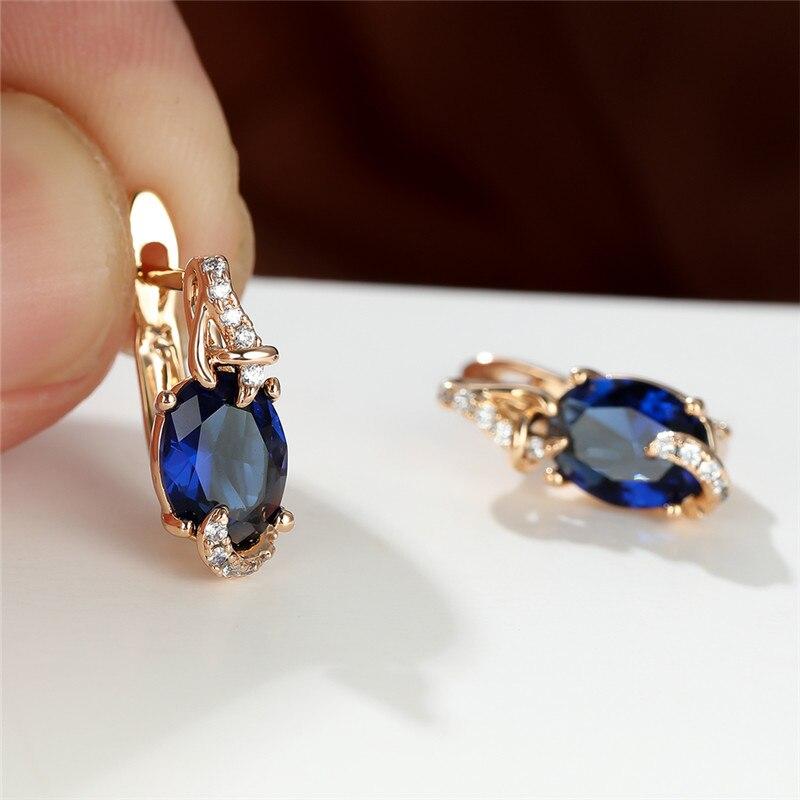 White Blue Pink Red Oval Stone Earrings Rose Gold Color Wedding Earrings Multicolor Zircon Charm Crystal Hoop Earrings For Women