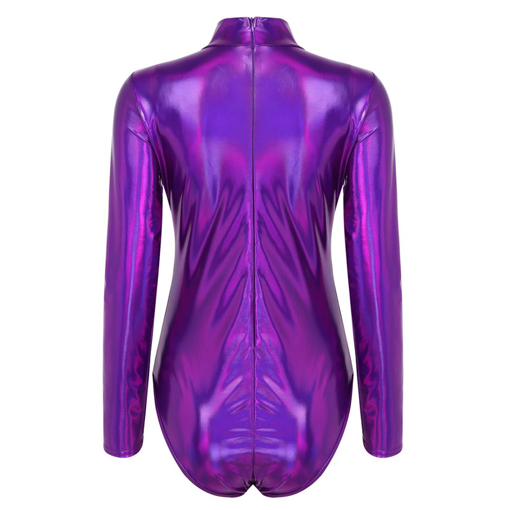 Womens One-piece Shiny Metallic Long Sleeves Gymnastic Dance Leotard Athletic Bodysuit