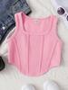 Girls' Summer Fishbone Waist-Cinched Cropped Top, Square Neck Slim Sleeveless Vest