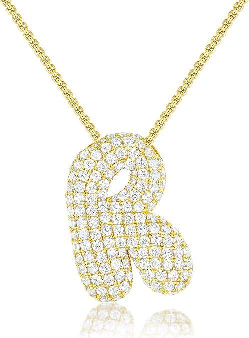 Stainless Steel Bubble Letter Initial Pendant Chunky Women Personality Jewelry Zircon Gold Plated Balloon 26 Letter Necklaces
