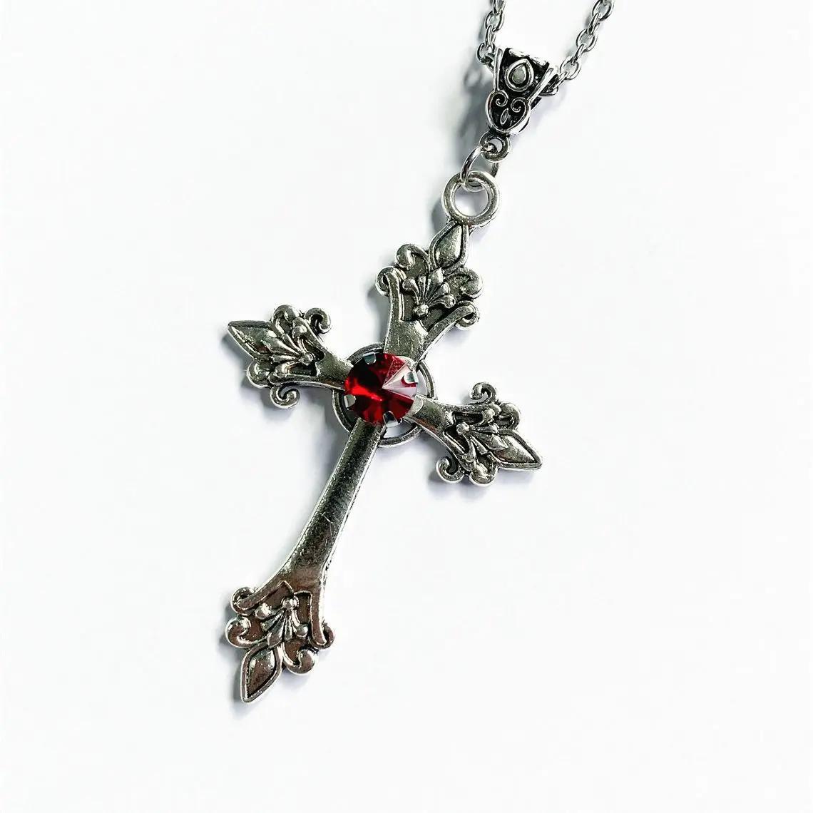 Cross pendant necklace Gothic style zircon inlaid pendant 55cm