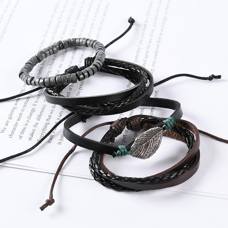 4-teiliges mehrlagiges Leder-Blatt-Armband: Europäisches & Amerikanisches Unisex Retro Street Ethnischer Stil Accessoire