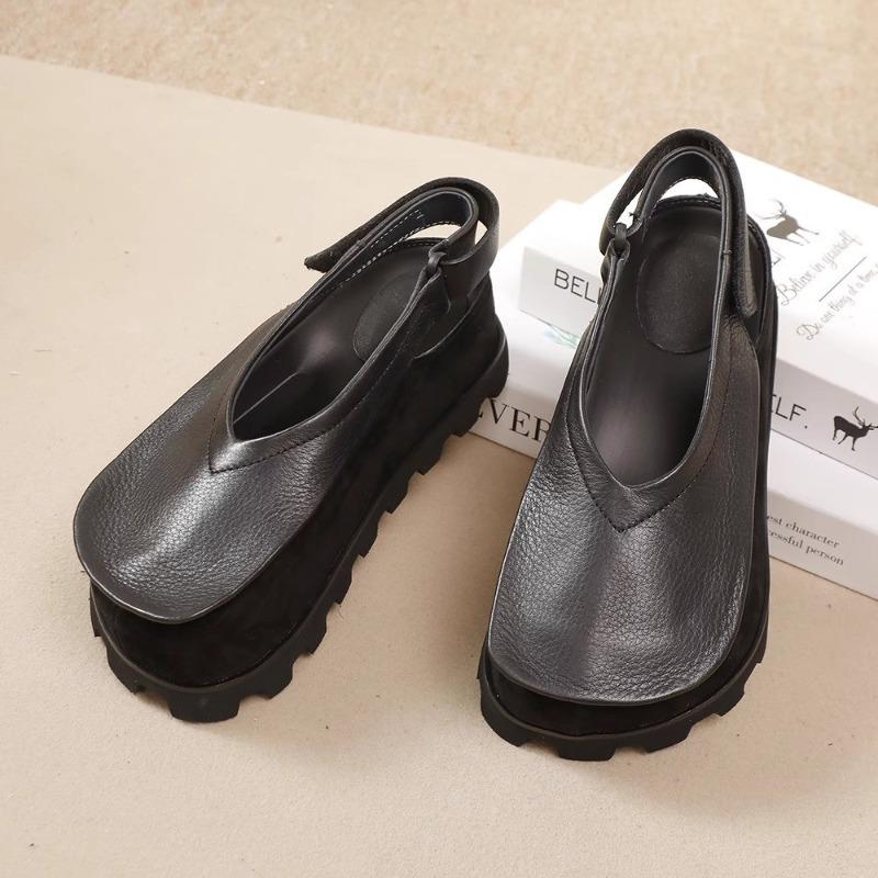 Fashion Retro Interior Height Increasing Flat Sole Single Shoes for Women 2025 Summer New Top Layer Cowhide Platform Sandals for Women