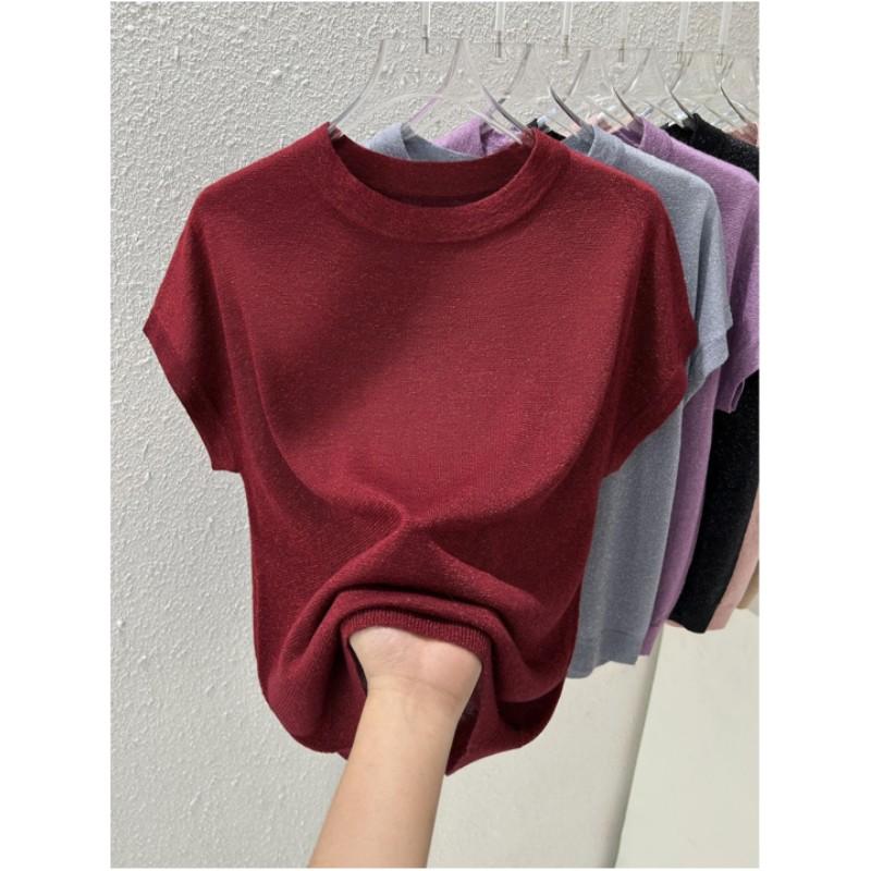 Damen Sommer Rundhals Dünnes Lockeres T-Shirt Einfarbiges Design Stricktops