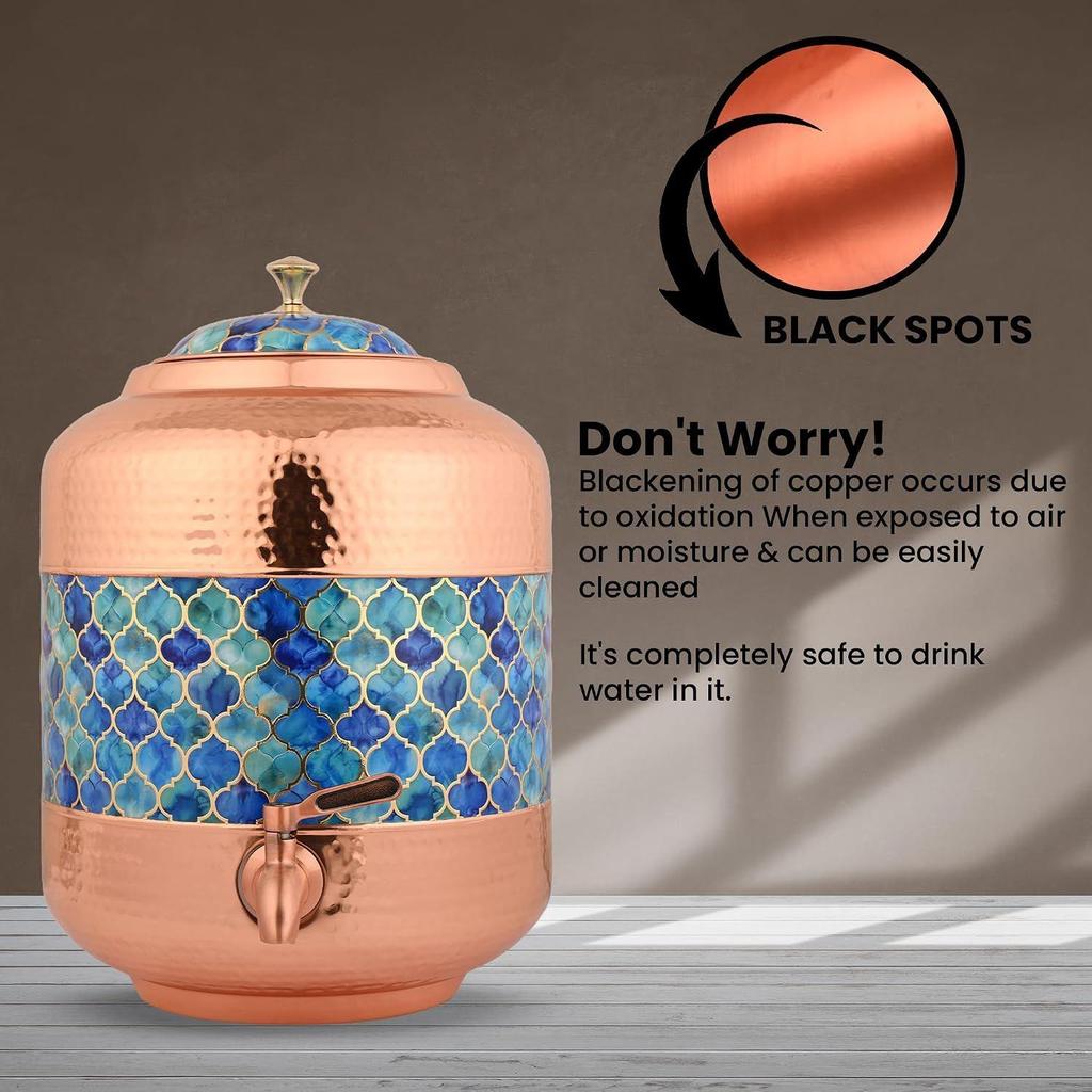Copper Water Dispenser Royal Blue & Hammer Carved Matka Vessels with Stainless Steel Tap 11 Litre Container Pot
