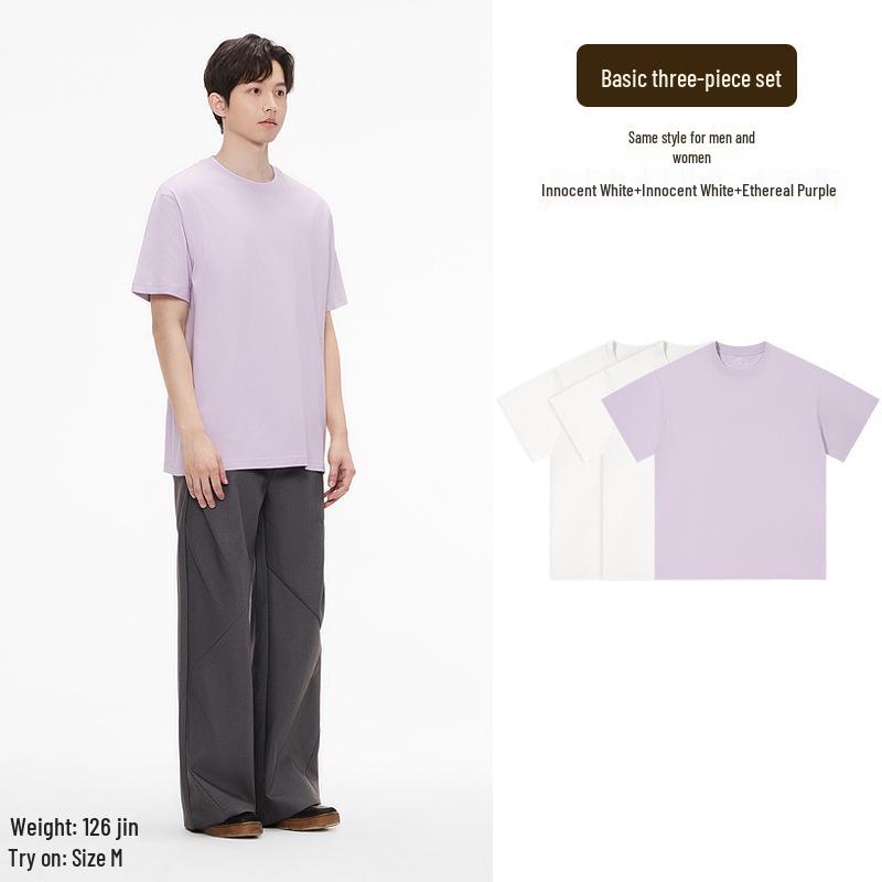 Aesthetics of Cotton: Unisex Summer Heavyweight Pure Cotton Three-Piece Short Sleeve T-Shirt Set, Basic Solid Colors