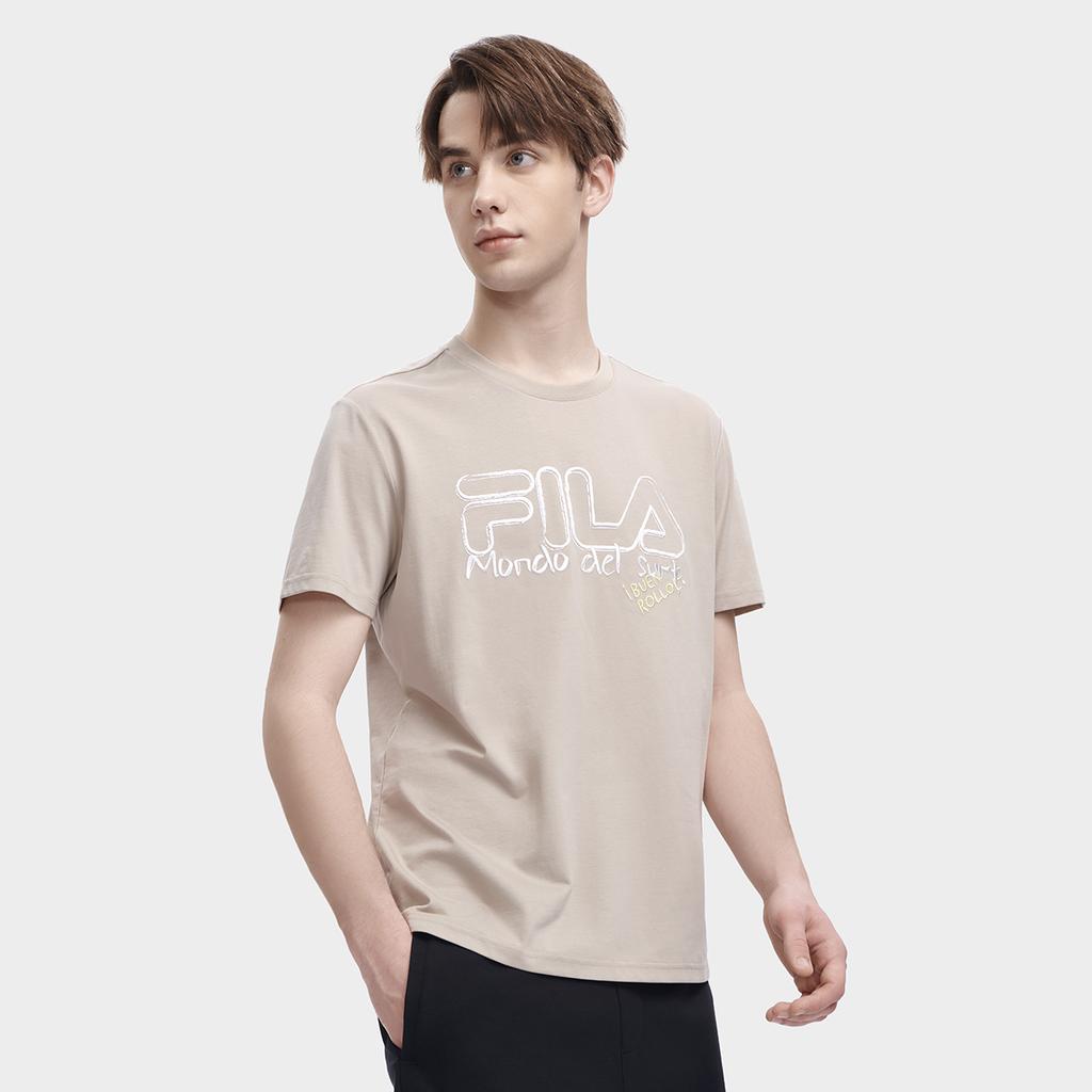 Fila Solid Color Letter Cartoon Brand Logo Round Neck Short Sleeve T-Shirt Men Tops Sedge F11M329113FLK