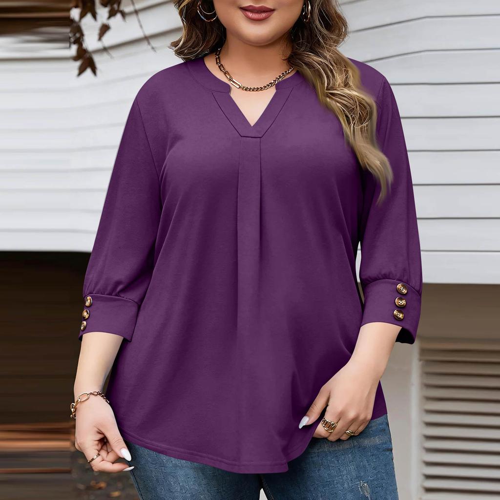 Women's Fashionable Casual Plus-Size V-Neck Button-Down Short-Sleeve Top